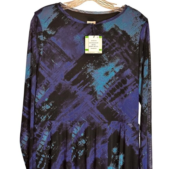 Anne Klein Large Long-Sleeve Lined Dress Abstract Print Blue Black Polyester - Picture 2 of 12